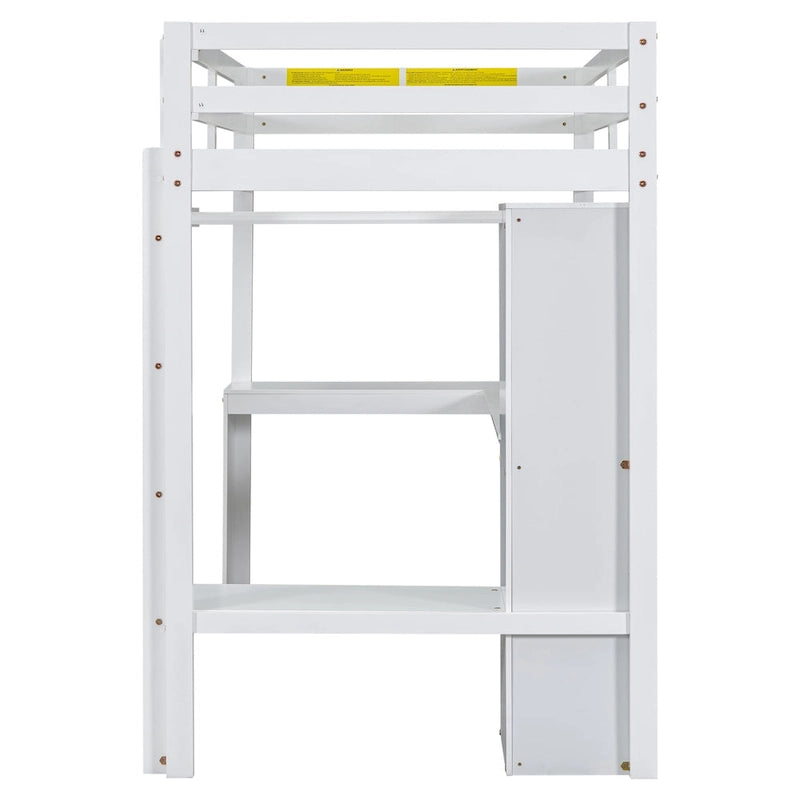 Lit mezzanine en bois massif avec bureau en L et étagères de rangement