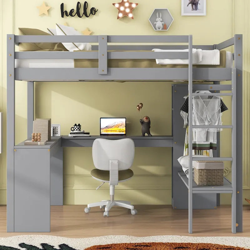 Lit mezzanine en bois massif avec bureau en L et étagères de rangement