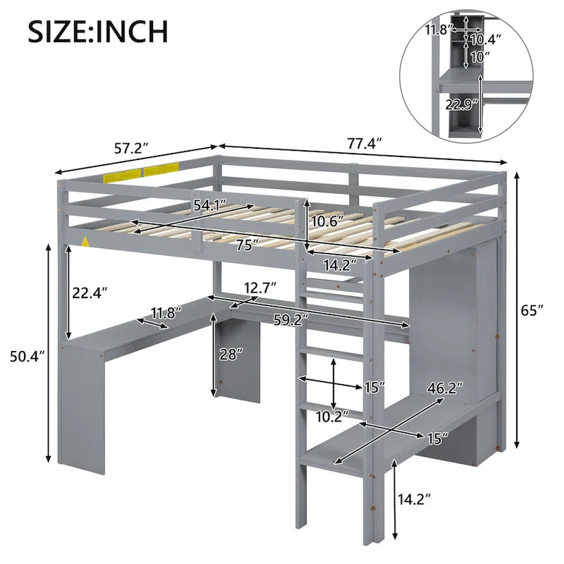 Lit mezzanine en bois massif avec bureau en L et étagères de rangement