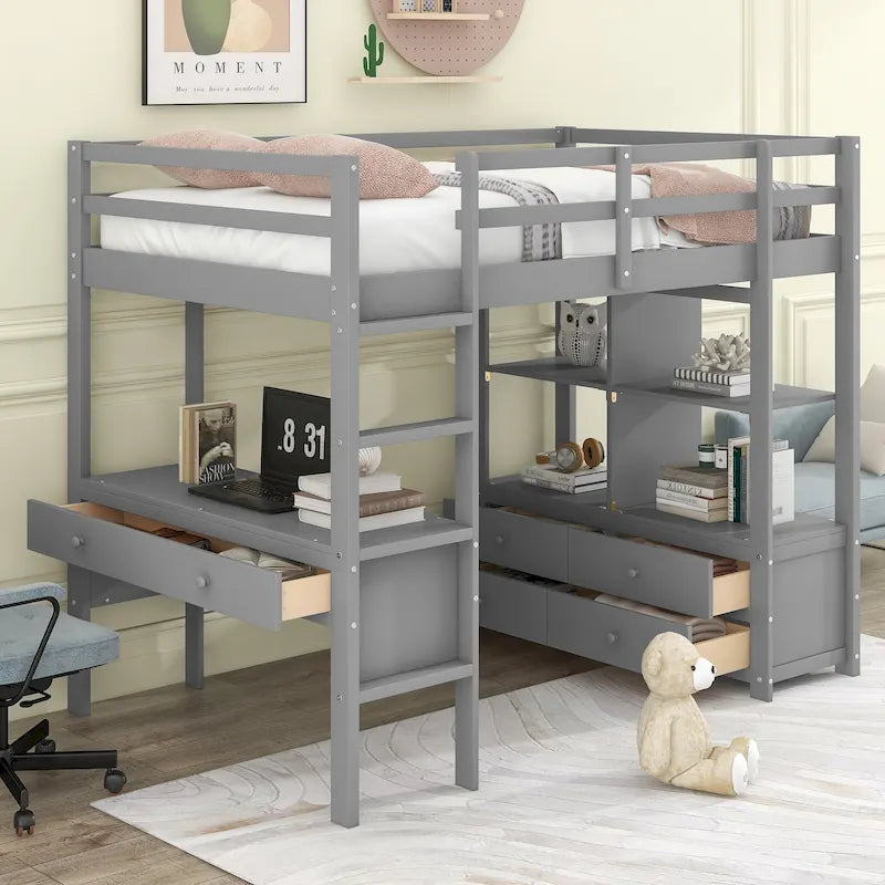 Lit mezzanine en pin avec bureau et tiroirs intégrés
