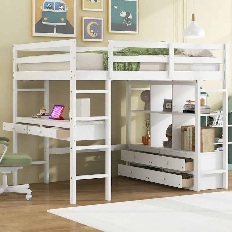 Lit mezzanine en pin avec bureau et tiroirs intégrés