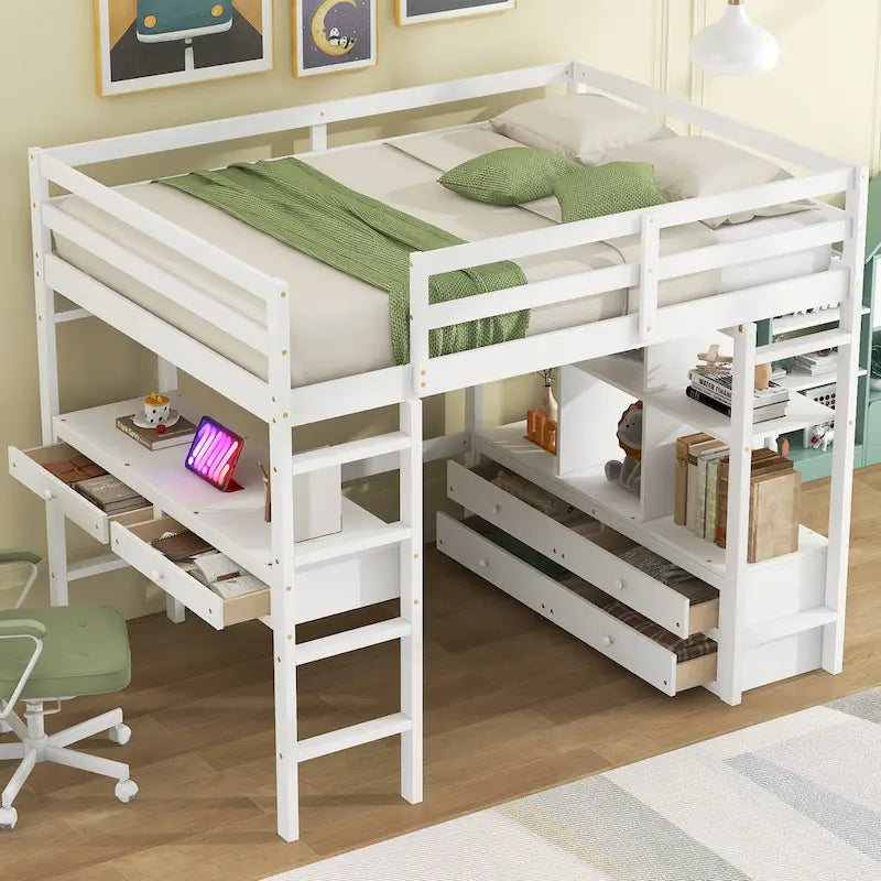 Lit mezzanine en pin avec bureau et tiroirs intégrés
