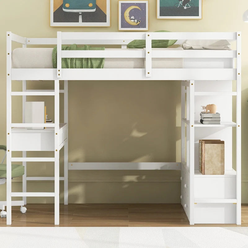 Lit mezzanine en pin avec bureau et tiroirs intégrés