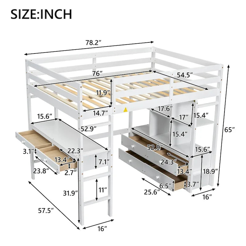 Lit mezzanine en pin avec bureau et tiroirs intégrés