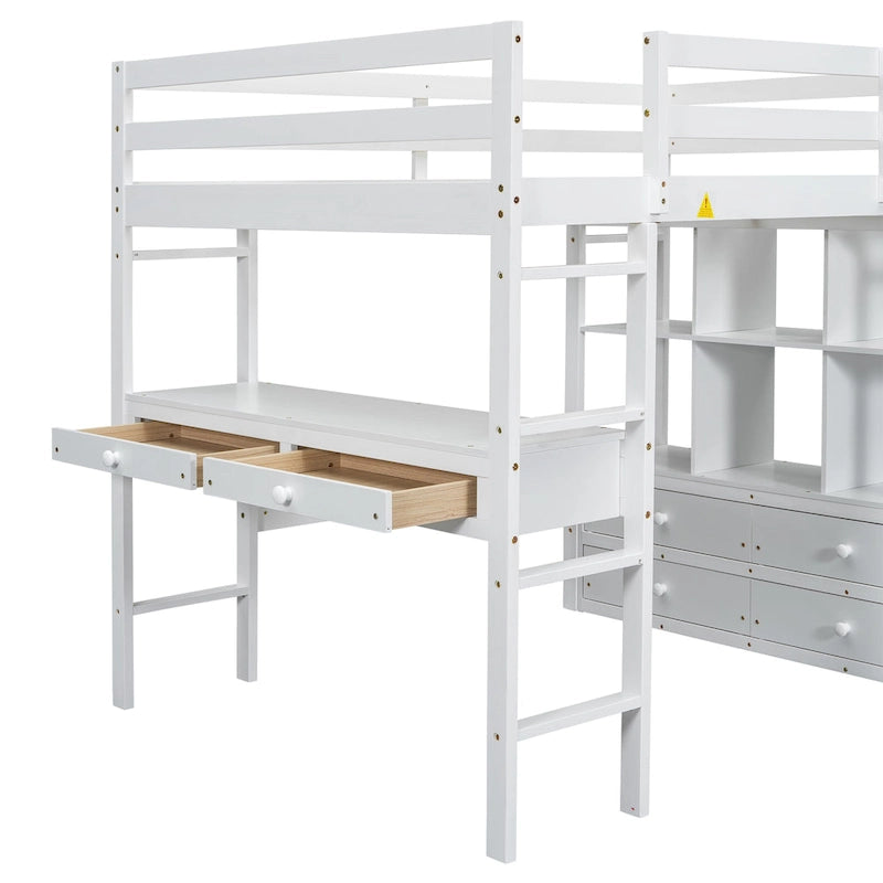 Lit mezzanine en pin avec bureau et tiroirs intégrés