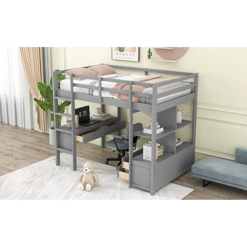 Lit mezzanine en pin avec bureau et tiroirs intégrés