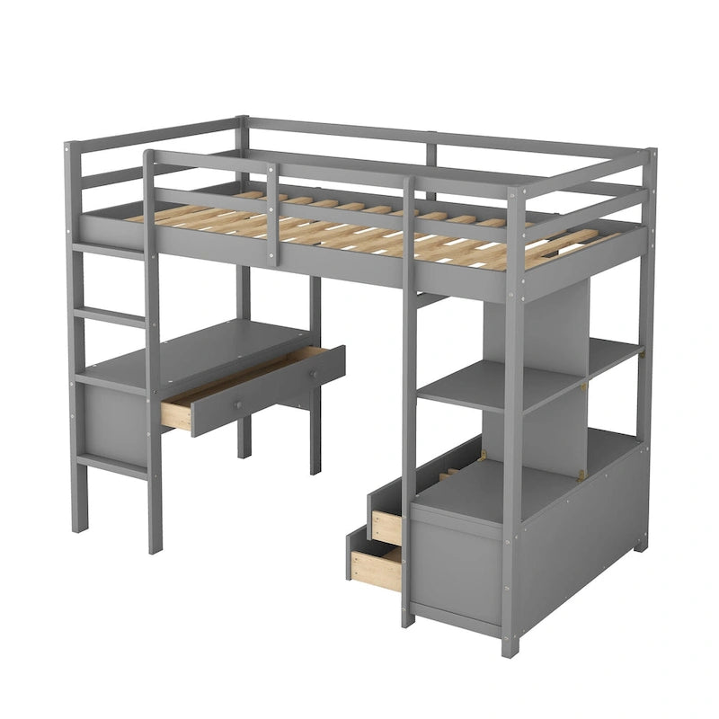 Lit mezzanine en pin avec bureau et tiroirs intégrés