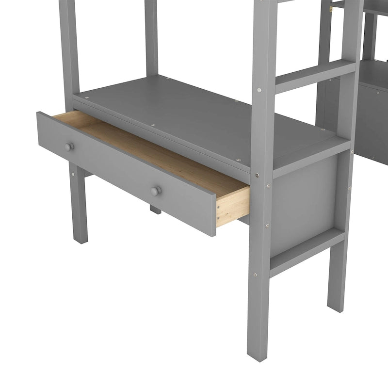 Lit mezzanine en pin avec bureau et tiroirs intégrés