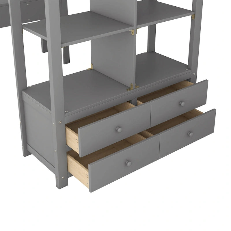 Lit mezzanine en pin avec bureau et tiroirs intégrés