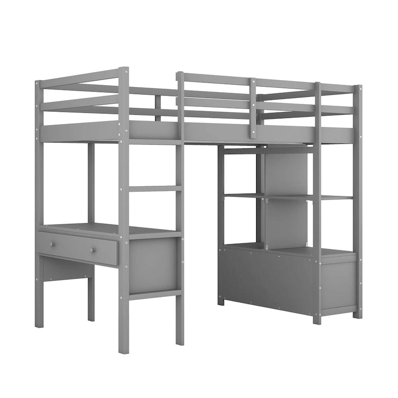 Lit mezzanine en pin avec bureau et tiroirs intégrés