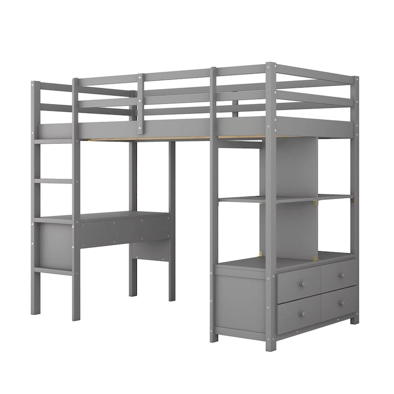 Lit mezzanine en pin avec bureau et tiroirs intégrés
