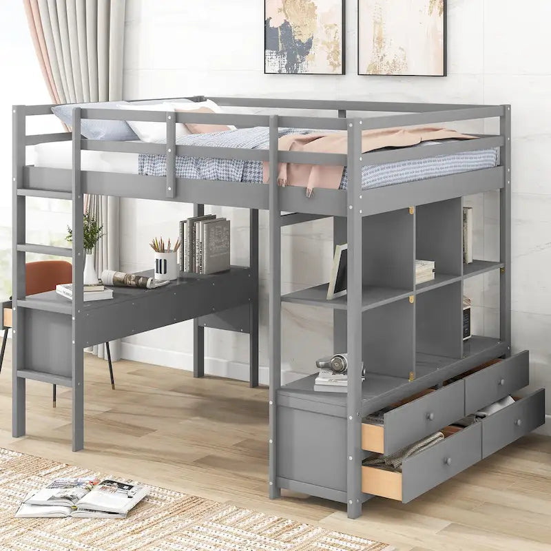 Lit mezzanine en pin avec bureau et tiroirs intégrés
