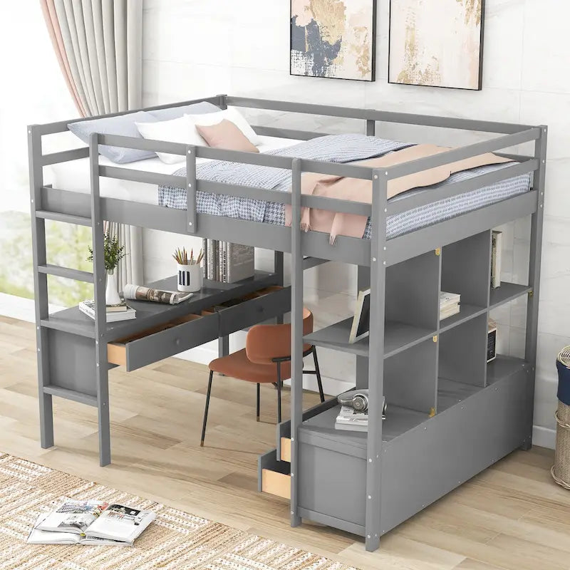 Lit mezzanine en pin avec bureau et tiroirs intégrés