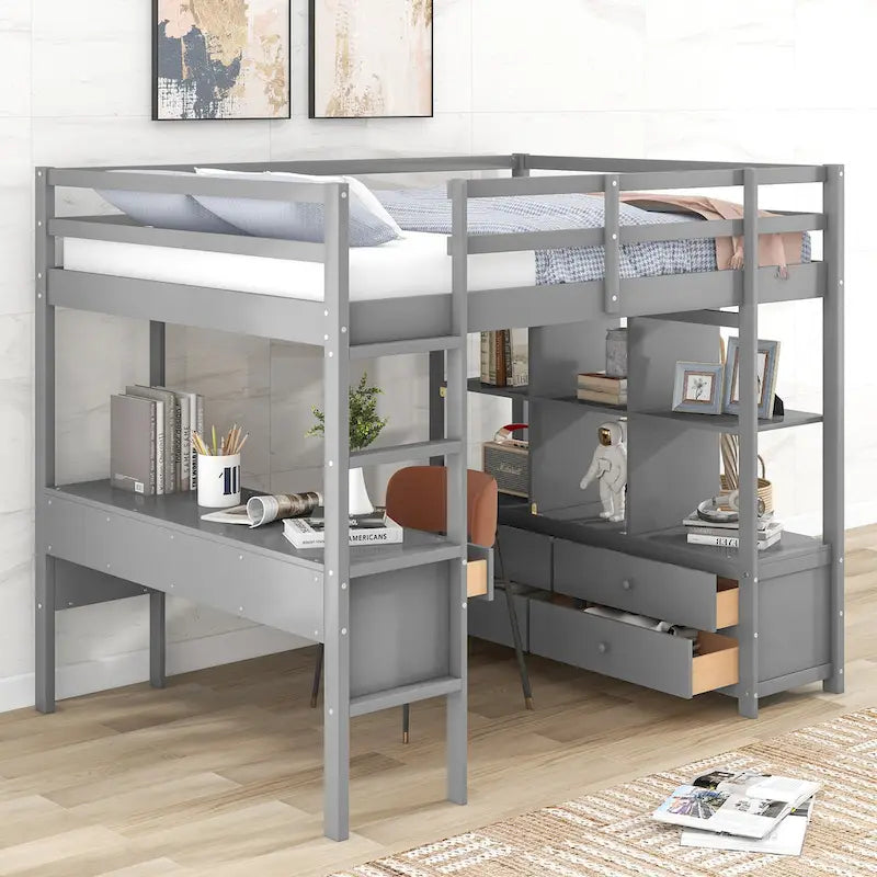 Lit mezzanine en pin avec bureau et tiroirs intégrés