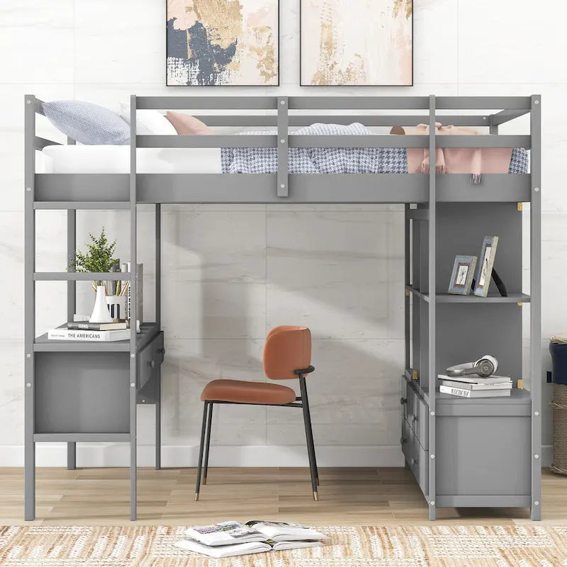 Lit mezzanine en pin avec bureau et tiroirs intégrés