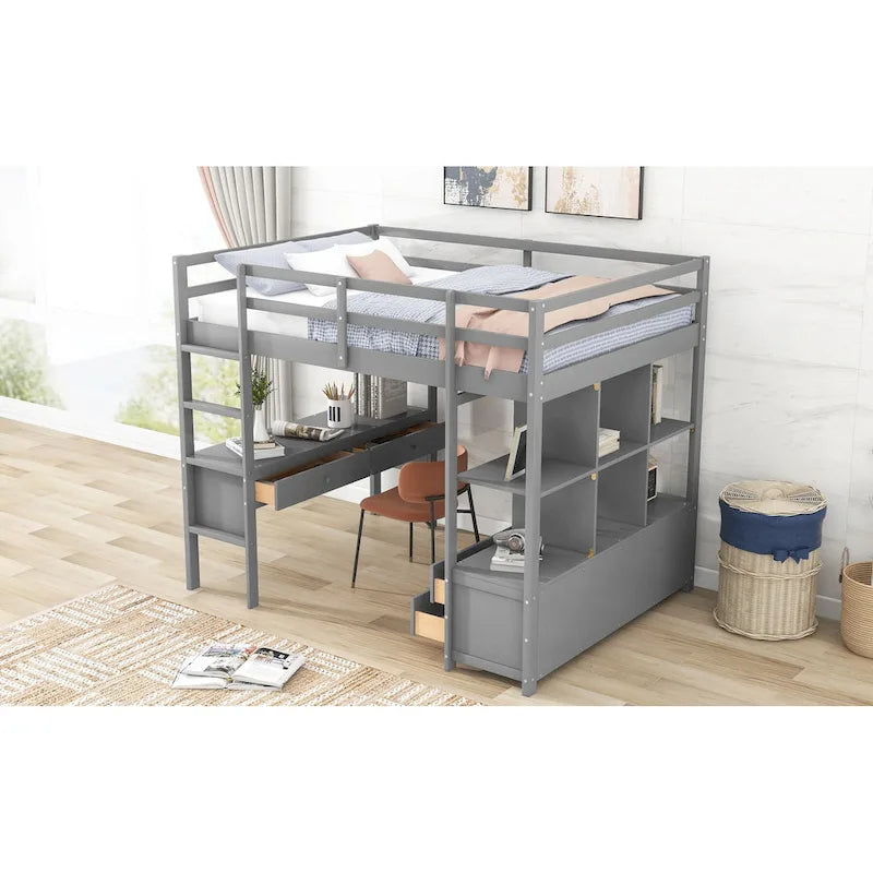 Lit mezzanine en pin avec bureau et tiroirs intégrés