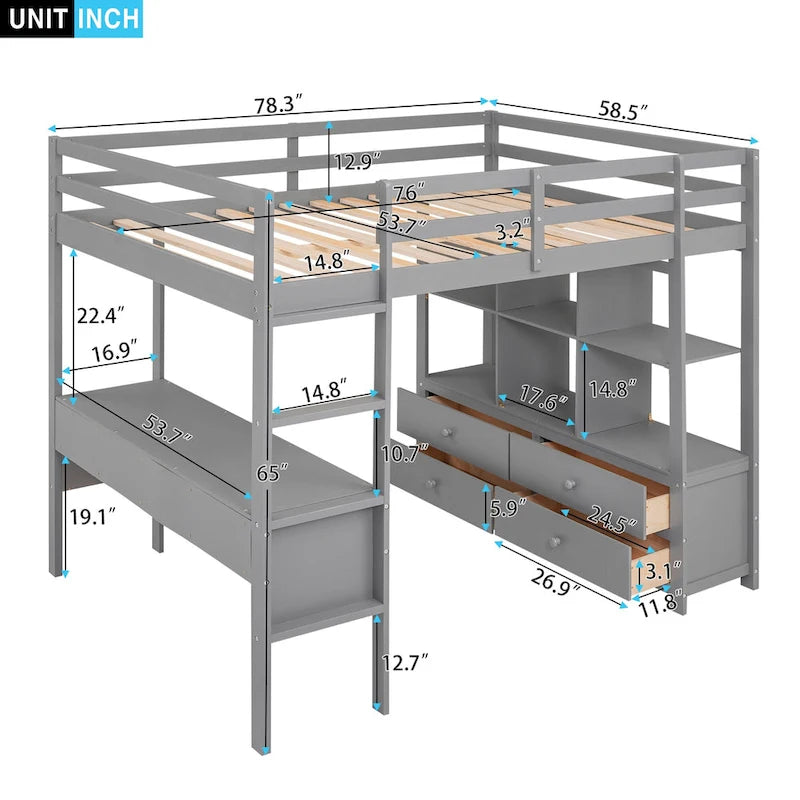 Lit mezzanine en pin avec bureau et tiroirs intégrés