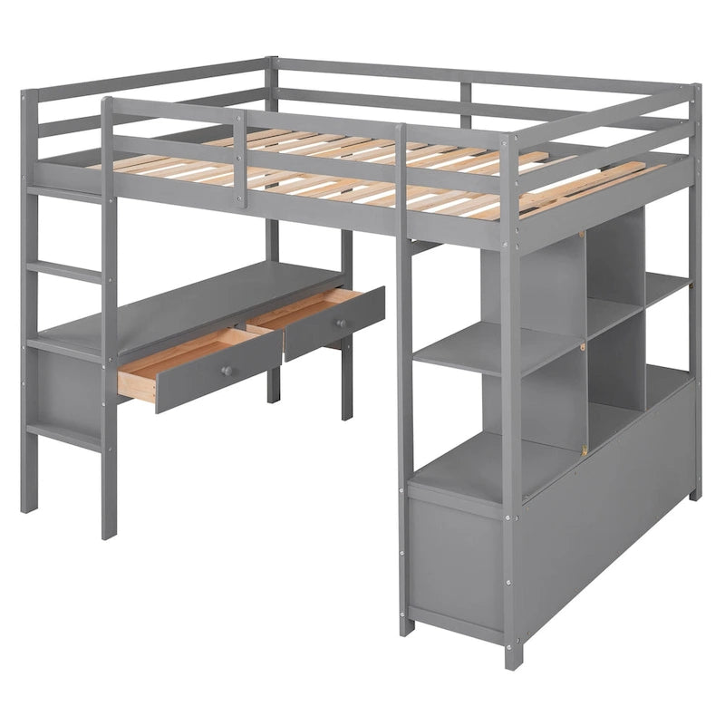 Lit mezzanine en pin avec bureau et tiroirs intégrés