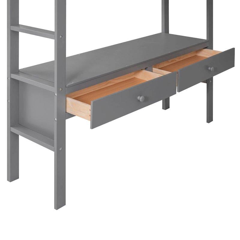Lit mezzanine en pin avec bureau et tiroirs intégrés