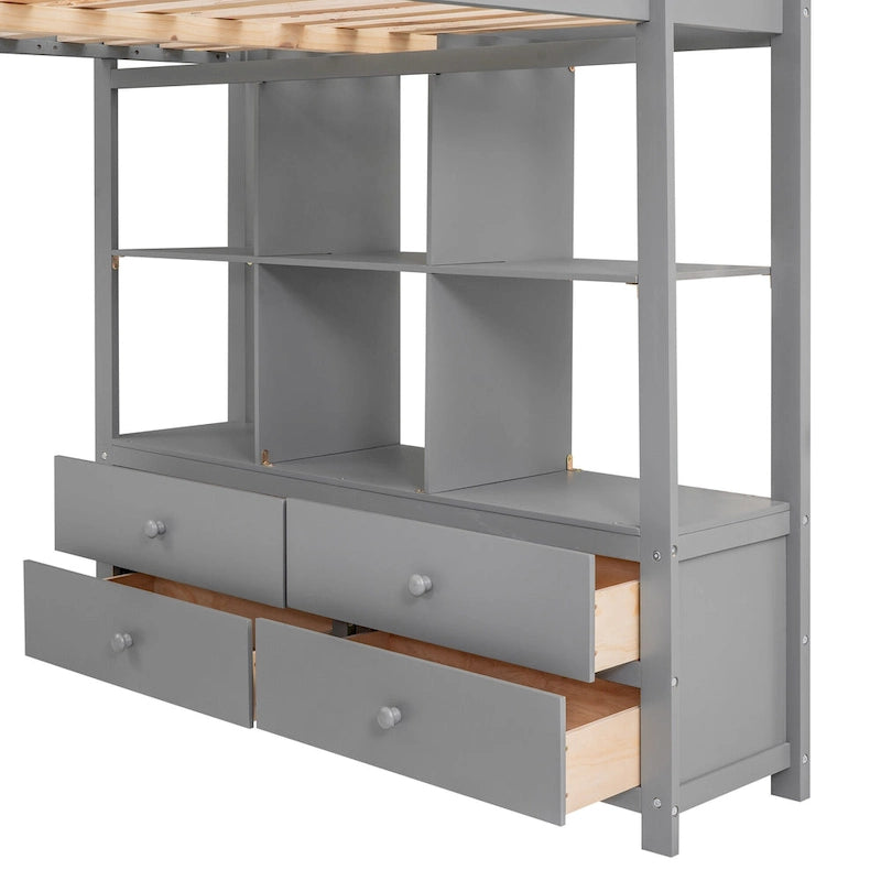 Lit mezzanine en pin avec bureau et tiroirs intégrés