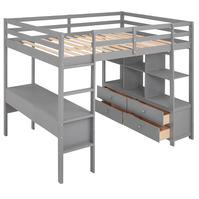 Lit mezzanine en pin avec bureau et tiroirs intégrés