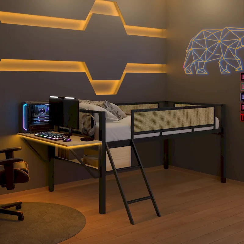 Lit mezzanine en métal avec bureau, lumières LED et rangement