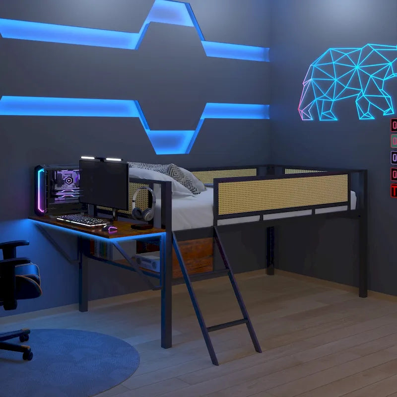 Lit mezzanine en métal avec bureau, lumières LED et rangement