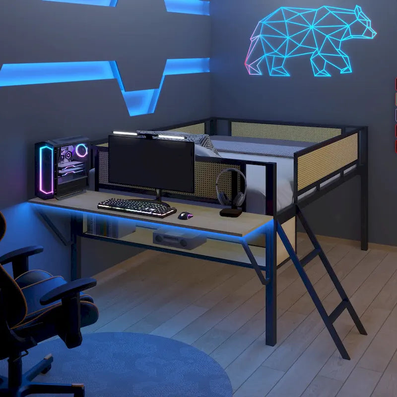 Metal Loft Bed with Desk, LED Lights & Storage