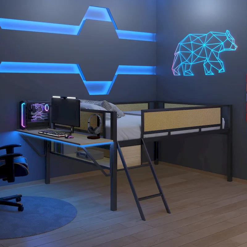 Lit mezzanine en métal avec bureau, lumières LED et rangement