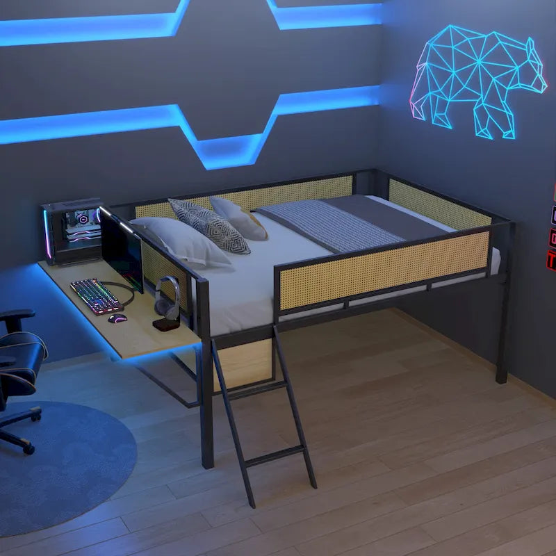 Lit mezzanine en métal avec bureau, lumières LED et rangement