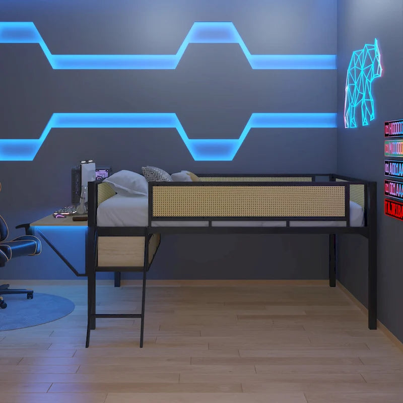 Lit mezzanine en métal avec bureau, lumières LED et rangement