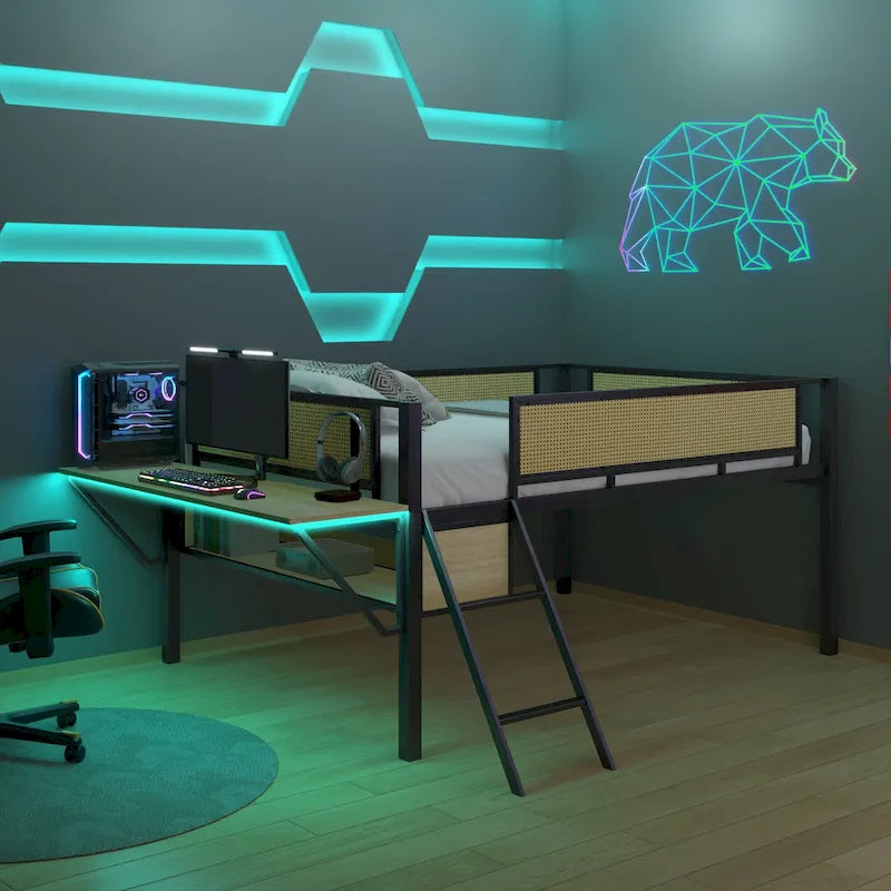Lit mezzanine en métal avec bureau, lumières LED et rangement