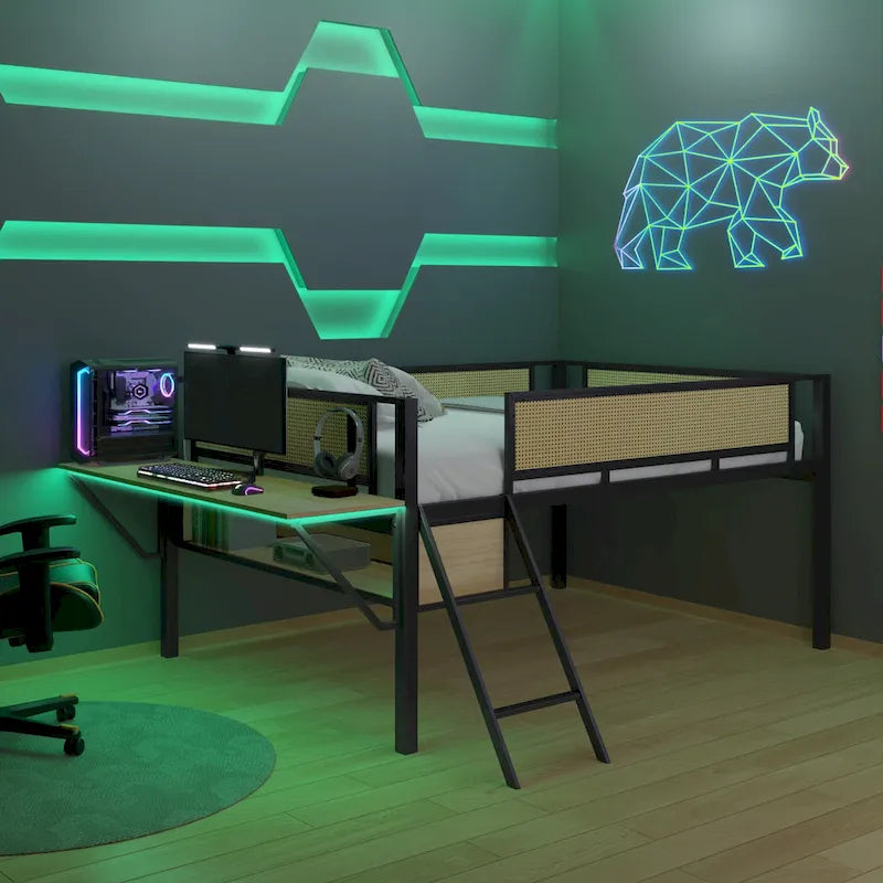 Lit mezzanine en métal avec bureau, lumières LED et rangement
