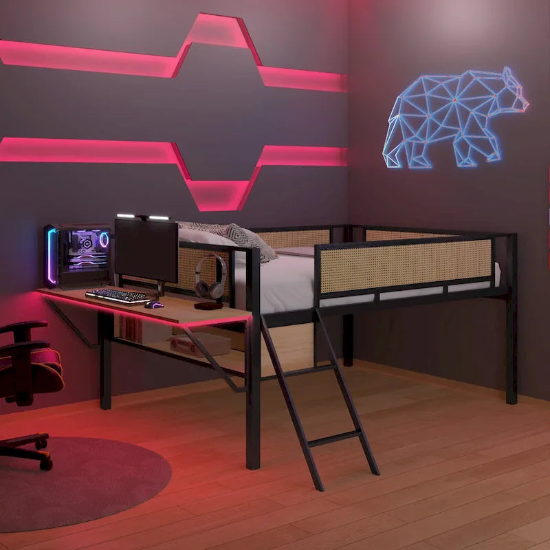 Lit mezzanine en métal avec bureau, lumières LED et rangement