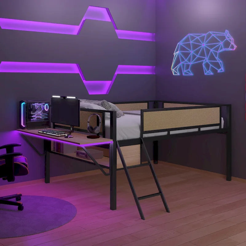 Lit mezzanine en métal avec bureau, lumières LED et rangement
