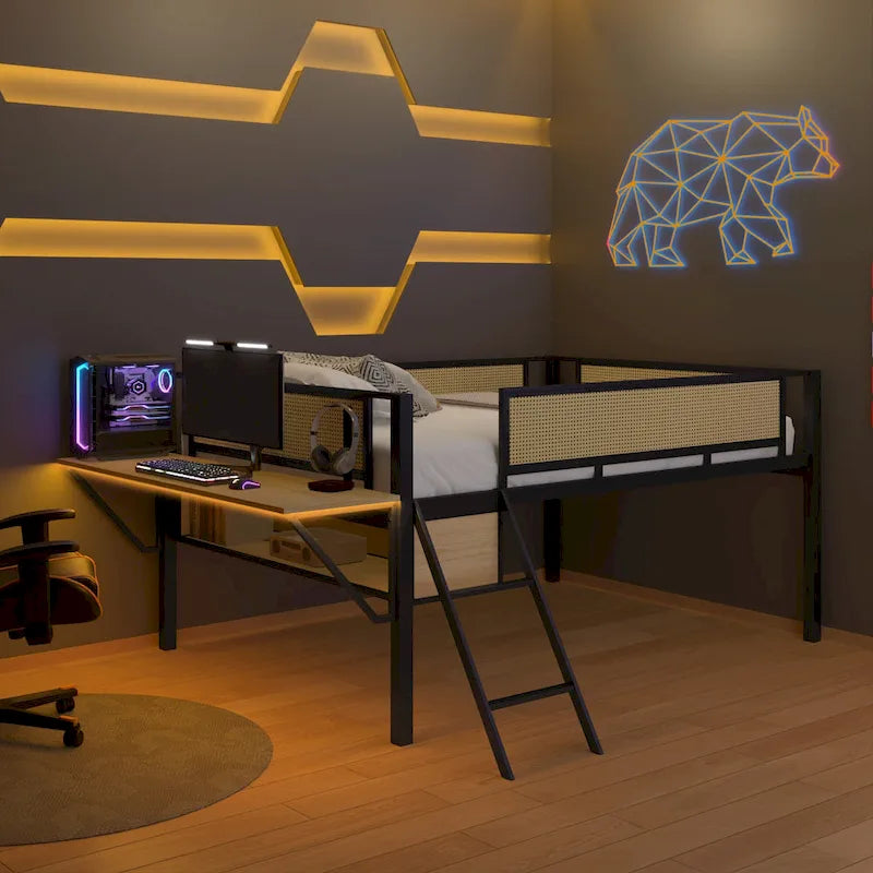 Lit mezzanine en métal avec bureau, lumières LED et rangement