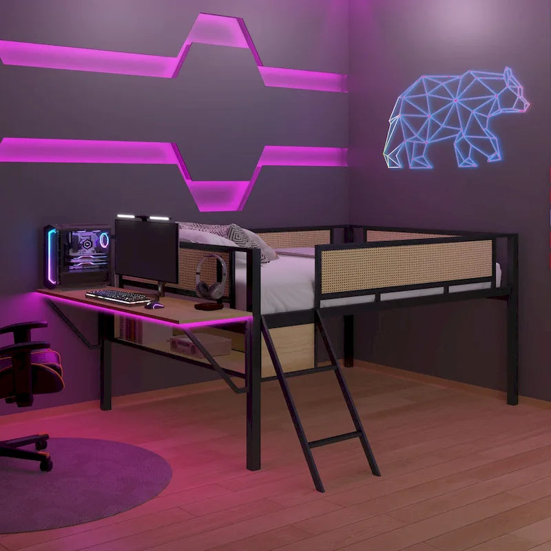 Lit mezzanine en métal avec bureau, lumières LED et rangement