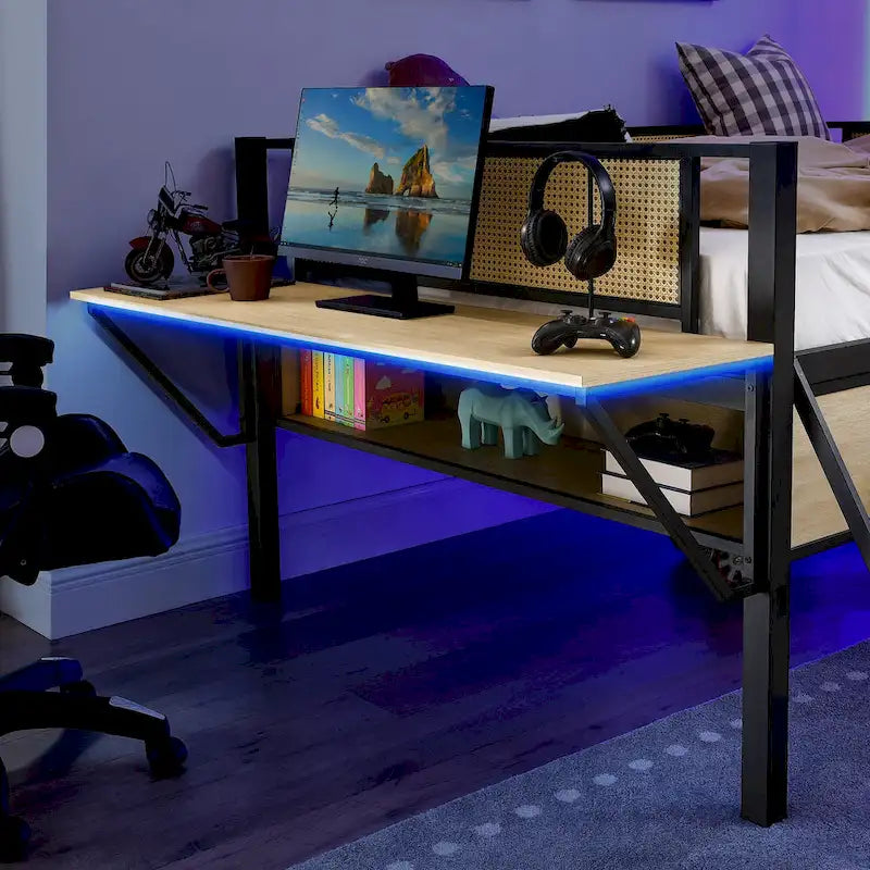 Lit mezzanine en métal avec bureau, lumières LED et rangement