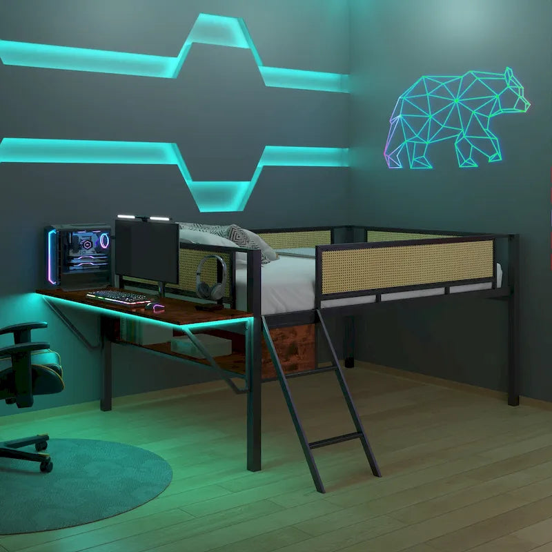 Lit mezzanine en métal avec bureau, lumières LED et rangement