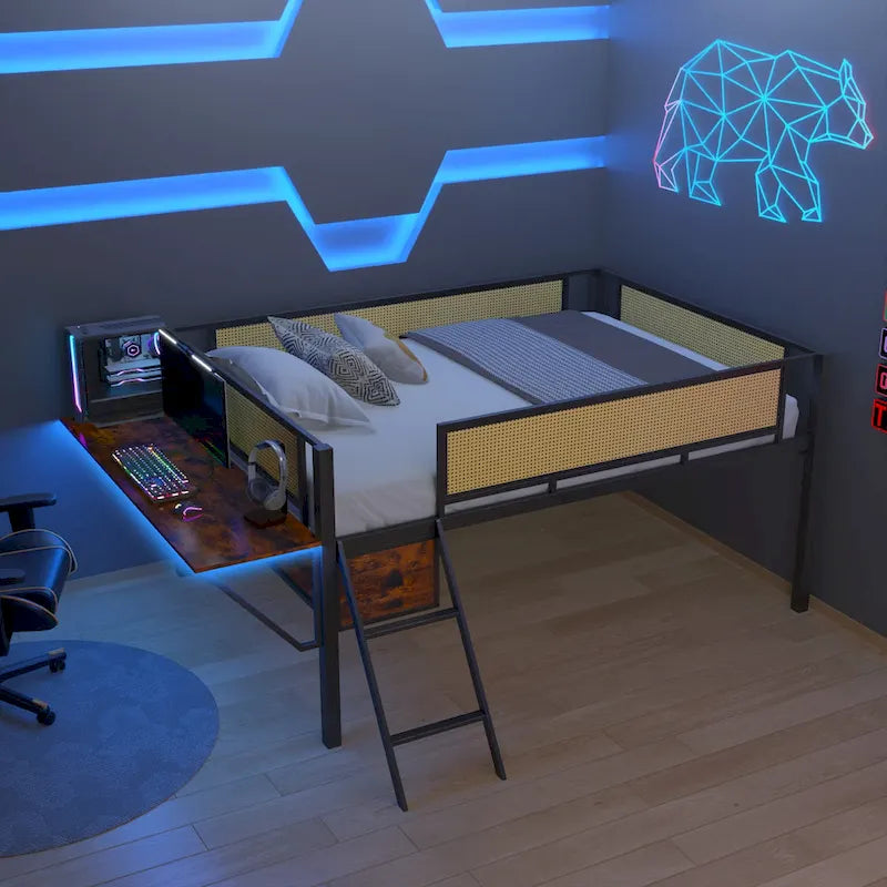 Lit mezzanine en métal avec bureau, lumières LED et rangement