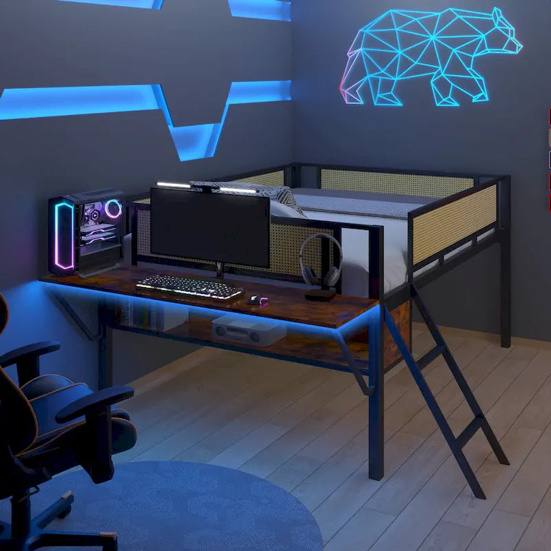 Lit mezzanine en métal avec bureau, lumières LED et rangement