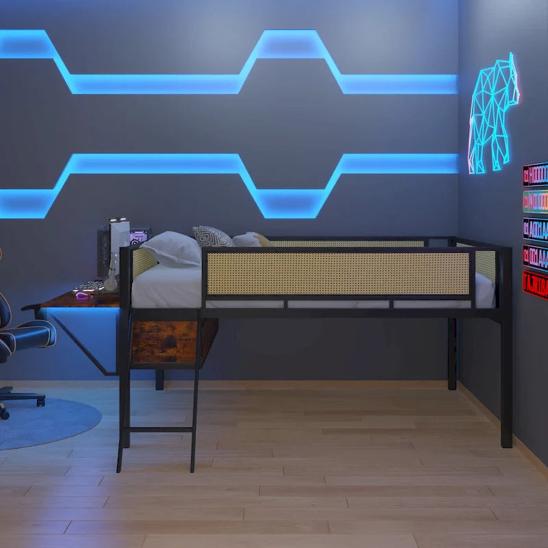 Lit mezzanine en métal avec bureau, lumières LED et rangement