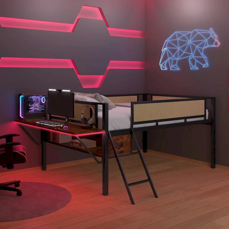 Lit mezzanine en métal avec bureau, lumières LED et rangement