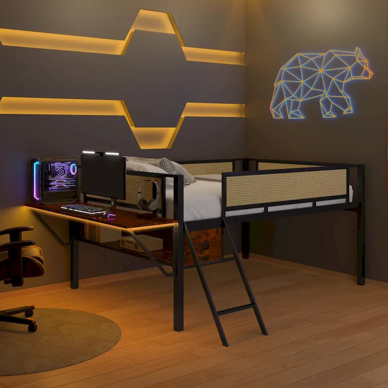 Lit mezzanine en métal avec bureau, lumières LED et rangement