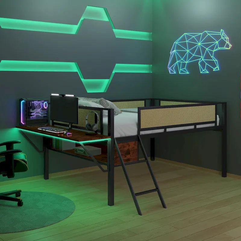 Lit mezzanine en métal avec bureau, lumières LED et rangement