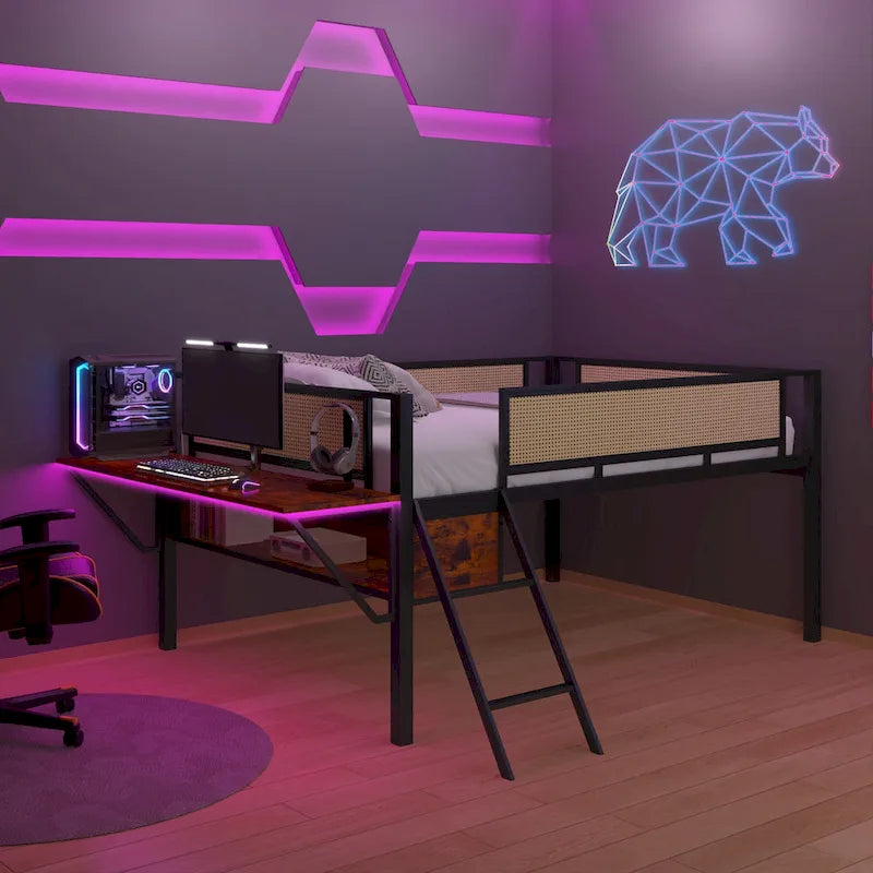Lit mezzanine en métal avec bureau, lumières LED et rangement