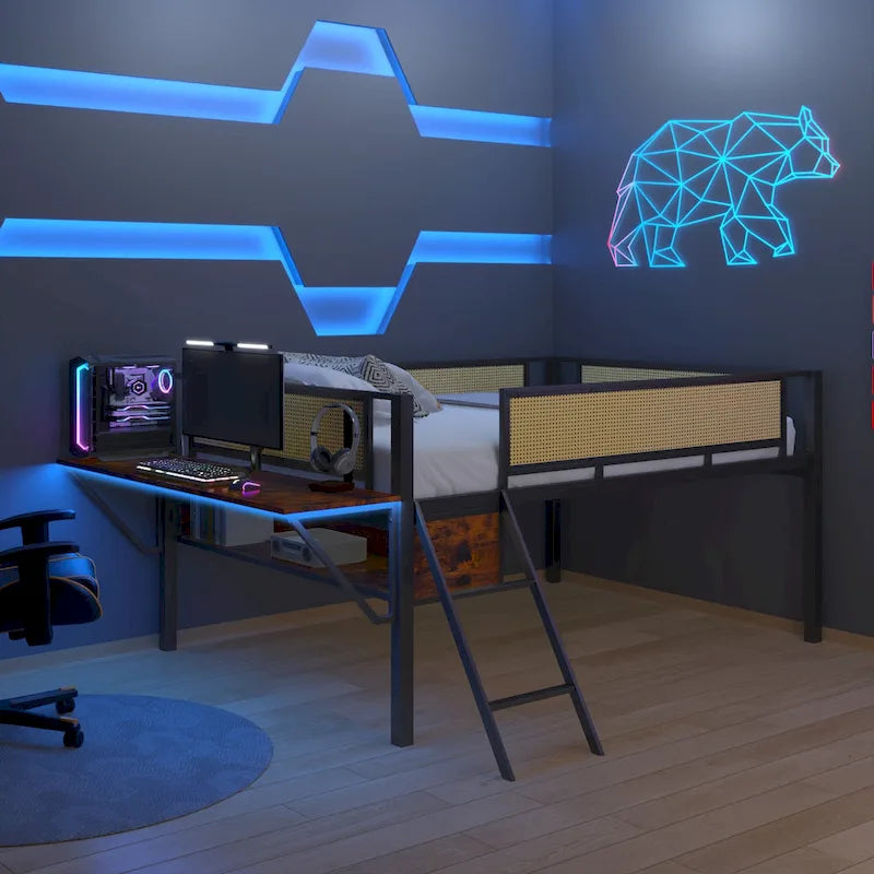Lit mezzanine en métal avec bureau, lumières LED et rangement