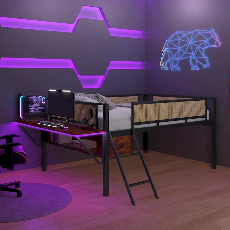 Lit mezzanine en métal avec bureau, lumières LED et rangement