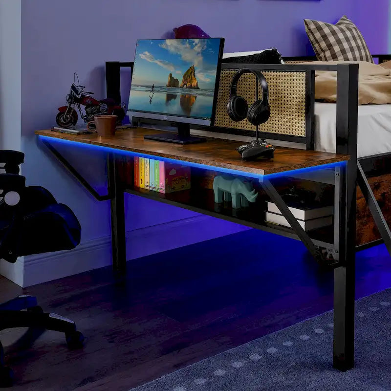 Lit mezzanine en métal avec bureau, lumières LED et rangement