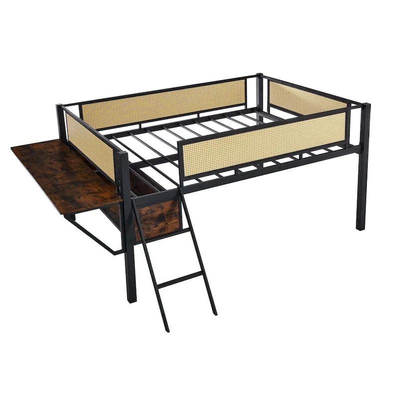 Lit mezzanine en métal avec bureau, lumières LED et rangement